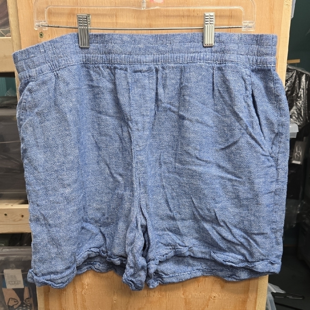 Frank & Oak Size L Blue and White Linen Blend High Waisted Shorts